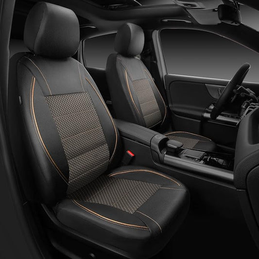 CAR PASS Piping PU Leather Car Seat Cover Full Set,Inside Zipper Design and Reserved Opening Holes,Airbag Compatible,Universal FIT for Car, SUVs,Van,Small Trucks（Full Set, Black & Gold）