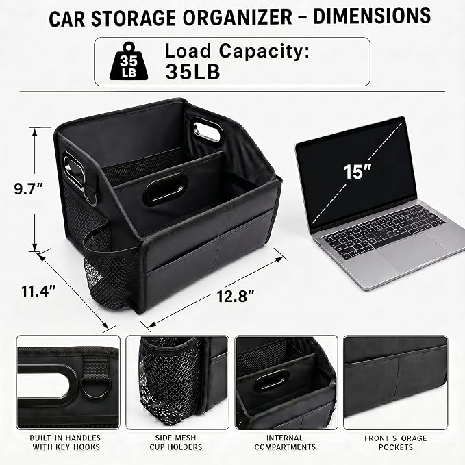 Car Storage Organizer with 2 Cup Holders Reinforced Dividable Leather Car Caddy Basket for Front Seat Floor Back Sturdy Frosted Handle 8 Compartments Adjustable Strap Buckles Slip-Resistant