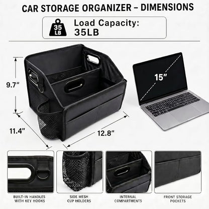 Car Storage Organizer with 2 Cup Holders Reinforced Dividable Leather Car Caddy Basket for Front Seat Floor Back Sturdy Frosted Handle 8 Compartments Adjustable Strap Buckles Slip-Resistant
