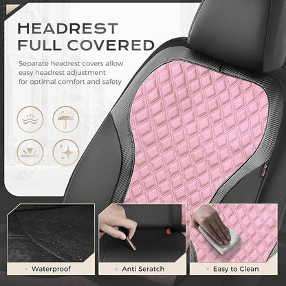 Coverado Car Seat Covers Full Set, Pink Car Seat Covers, Luxury Leather Car Seat Cover with Carbon Fiber Textured Design, Spill-Proof Seat Cushions, Automotive Seat Cover Universal Fit Most Cars