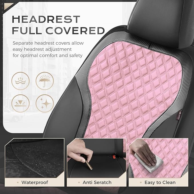 Coverado Seat Covers Front Seats, 2-Pack Luxury Diamond Leather Car Seat Cover, Sports Carbon Fiber Design Waterproof Car Seat Protector, Black Pink Automotive Seat Covers Universal Fit Most Cars