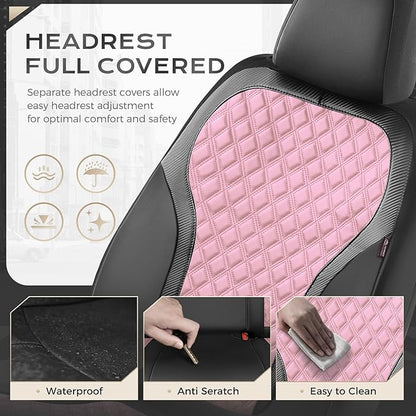 Coverado Seat Covers Front Seats, 2-Pack Luxury Diamond Leather Car Seat Cover, Sports Carbon Fiber Design Waterproof Car Seat Protector, Black Pink Automotive Seat Covers Universal Fit Most Cars