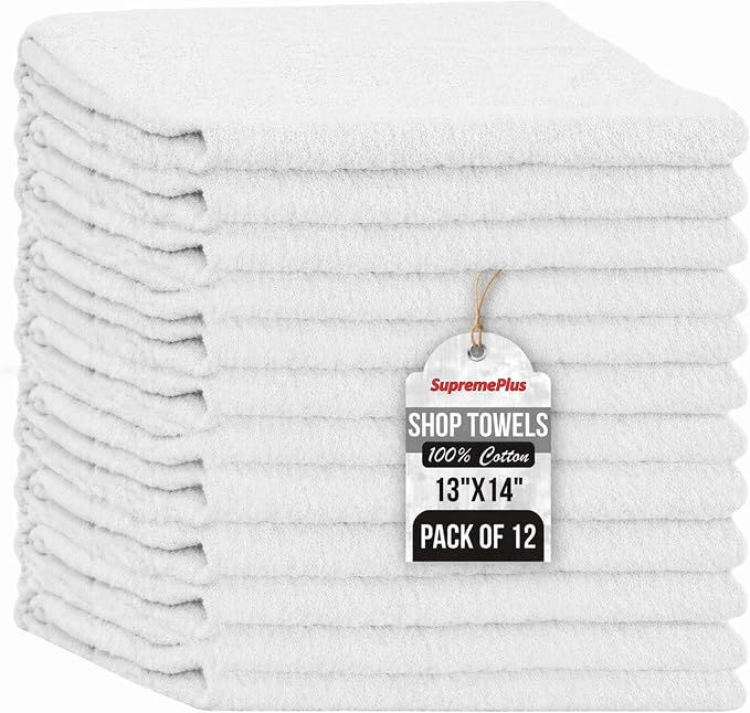Auto Mechanic Shop Towels (13"x14"), 12 Pack (White) - 100% Cotton Commercial Grade Rags for Cleaning & Maintenance, Garage Supplies - Professional Mechanics Reusable Wipes