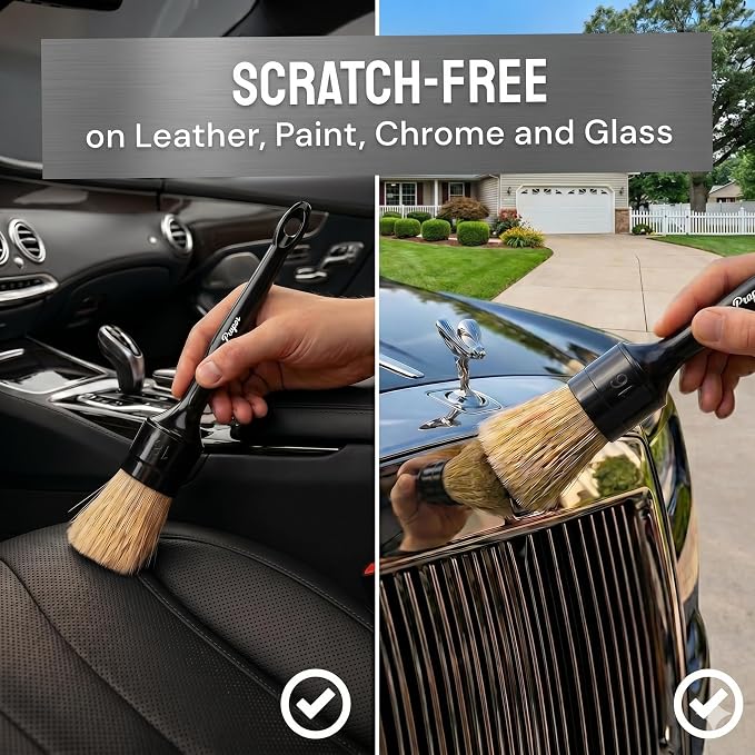 Premium Car Detailing Brush Set - Professional 3 Pack Kit Detail Brushes with Soft Boars Hair Bristles for Auto Interior & Exterior - for Cleaning Leather Seats, Air Vents, Wheels & Emblems