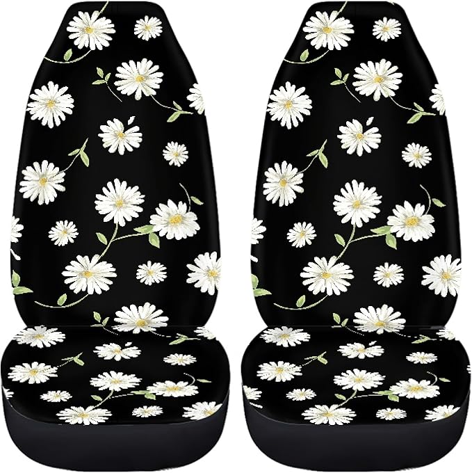 Daisy Car Seat Covers Full Set,Cute Daisy Flowers Black Design Floral Print Vehicle Front Rear Bench Cushion Protectors for Women Men Auto Interior Accessories Universal Fit for Trucks Sedans