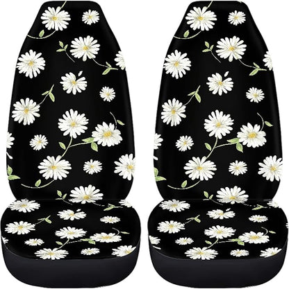Daisy Car Seat Covers Full Set,Cute Daisy Flowers Black Design Floral Print Vehicle Front Rear Bench Cushion Protectors for Women Men Auto Interior Accessories Universal Fit for Trucks Sedans