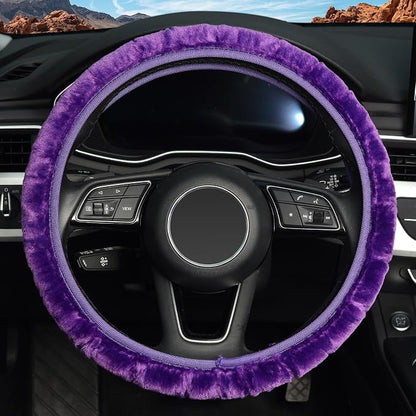 KAFEEK Purple Elastic Fuzzy Steering Wheel Cover, Microfiber Plush Steering Wheel Cover for Woman Girl,Winter Warm, Universal 15 inch