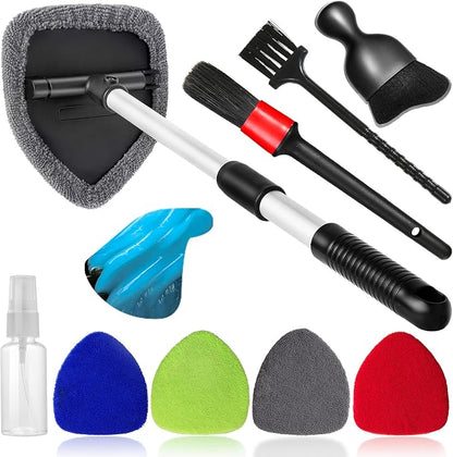 Qydipclin 10pcs Windshield Cleaner Tool, Car Window Cleaning Wash Kit with 4 Reusable Microfiber Pads 1 Spray Bottle and Extendable Handle Auto Glass Wiper Kit, Multicolor
