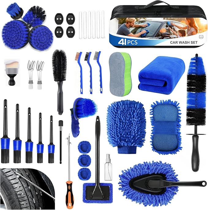 41Pcs Professional Car Detailing Kit, Car Wash Kit with Portable Handbag, Wet and Dry Use Car Cleaning Kit, Durable Drill Brush, Apply to Interior, Exterior, Wheels, Trucks, Motorcycles