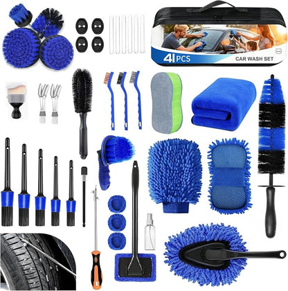 41Pcs Professional Car Detailing Kit, Car Wash Kit with Portable Handbag, Wet and Dry Use Car Cleaning Kit, Durable Drill Brush, Apply to Interior, Exterior, Wheels, Trucks, Motorcycles