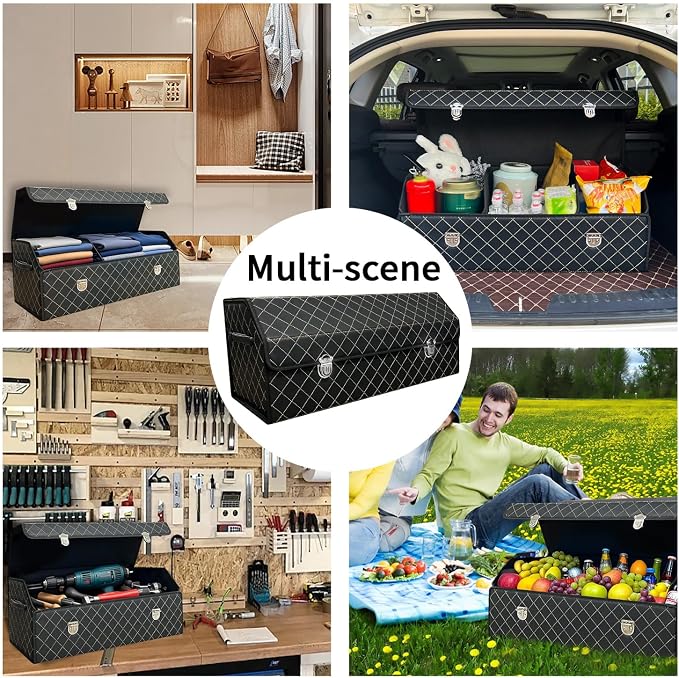 Car Trunk Organizer with Lid,Foldable Faux Leather Cargo Storage Box,3 Compartments,Collapsible Multi-Functional for SUV,Sedan,Vehicle Trunk