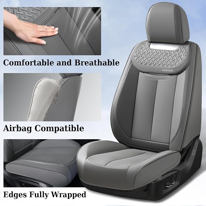 Coverado Car Seat Covers Front Seats, Luxury Nappa Leather Waterproof Seat Covers for Cars, Universal Front Seat Covers, Driver Seat Protector Automotive Interior Accessories Fit for Most Cars,(Gray)