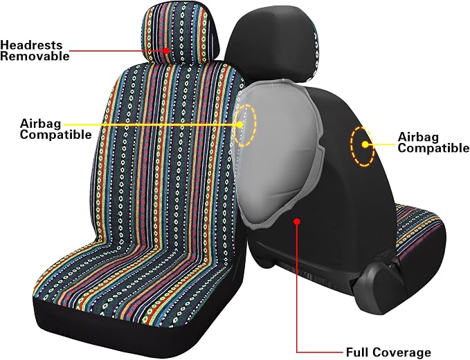 HAIYAOTIMES Baja Saddle Blanket Car Seat Covers Front Set with Seat Belt Pads, Washable Breathable Seat Covers for Cars, Universal Fit Interior Covers for Most Cars, Airbag Compatible, Red/Blue