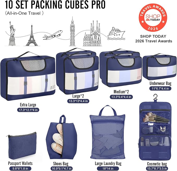 Veken 10 Set Packing Cubes for Travel Essentials,Anti-Wrinkle Buckled Suitcase Organizer for Shoe & Toiletry Bag,Carry On Luggage Bag with 99+ Count Mesh Holes for Airplane & College Dorm Accessories