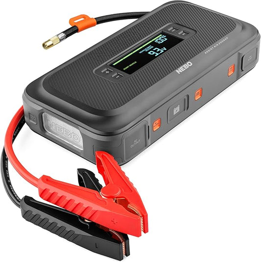 NEBO Assist 2500A Jump Starter & Air Compressor | 2500 Peak Amps, 74Wh Portable Car Jump Box for 12V Vehicles & Tire Inflator with Auto Shut-Off, Spark-Proof, USB-C Power Bank, Emergency LED Light