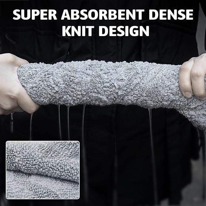 Greenfound 1000GSM Car Drying Towel 18"x24", Edgeless Double Twist Pile, Ultra Absorbent Microfiber Towel, Scratch-Free Lint-Free Streak-Free for Auto Detailing & Car Wash – Wave Silver&Grey