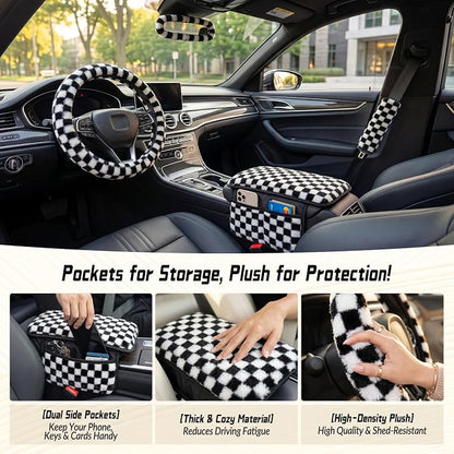 5 Pcs Fuzzy Black & Wihte Car Accessories Set, Soft Fluffy Plush Steering Wheel Cover, Center Console Armrest Pad & Rearview Mirror Cover - Interior Decorations for Women,Universal Fit (Check)