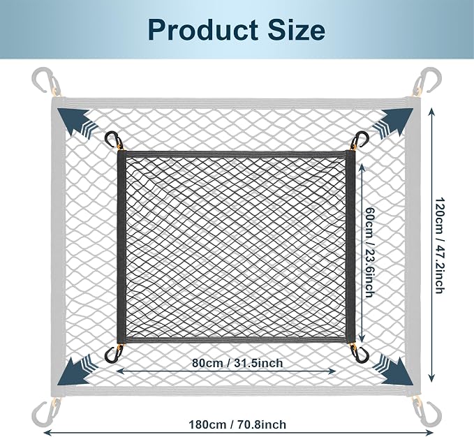 Cargo Net for SUV Trunk Organizer Elastic Storage Mesh Net with ABS Hook 31.5x23.6 Inches Stretch to 70.8x47.2 Inches Cargo Netting for Pickup Trucks Tailgate Accessories Gray