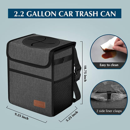 Leak Proof Car Trash Bag Waterproof Garbage Can with Lid for SUV Front Seat Multipurpose Car Hanging for Headrest Collapsible and Portable with Storage Mesh Pocket, Charcoal Gray