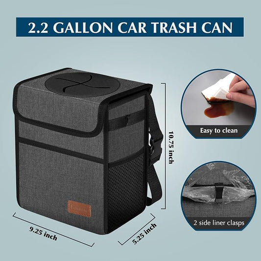 Leak Proof Car Trash Bag Waterproof Garbage Can with Lid for SUV Front Seat Multipurpose Car Hanging for Headrest Collapsible and Portable with Storage Mesh Pocket, Charcoal Gray