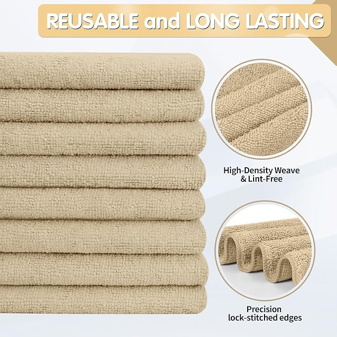 FIXSMITH Beige Microfiber Cleaning Cloth -Pack of 12, Highly Absorbent Cleaning Rags, 16"X12" All Purpose Cleaning Towels for Housekeeping, Kitchen, Car, Lint Free and Reusable Microfiber Towels