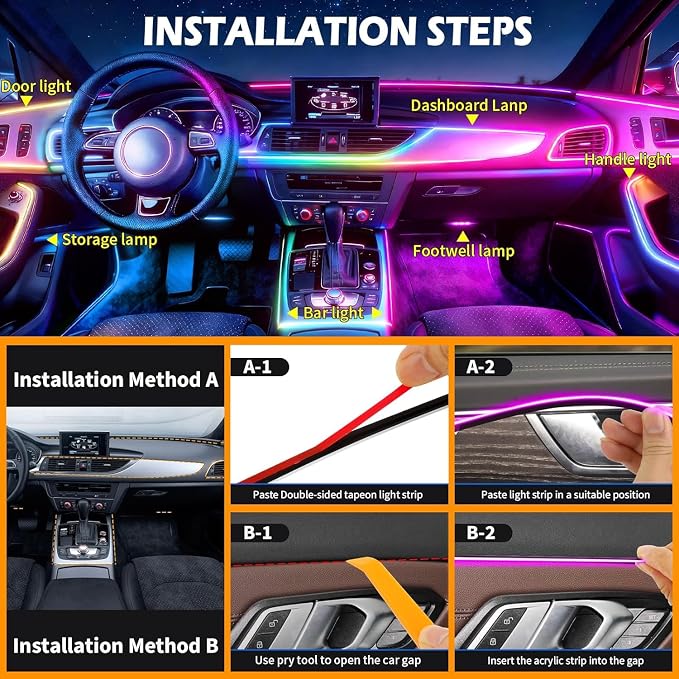 Smart LED Car Lights Interior with USB Port, Acrylic LED Strip Fiber Optic Ambient Lighting Car, Wireless App Control, Sync to Music, Car Decorations Interior Accessories Gifts for Women Men, 10 in 1