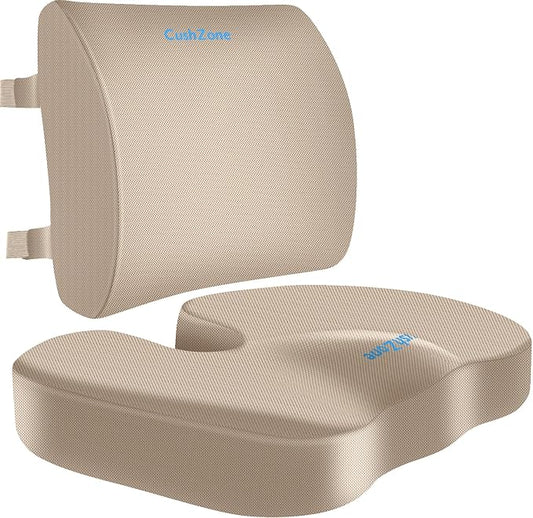 CushZone Ergonomic Seat Cushion & Lumbar Support Pillow - Memory Foam for Sciatica Pain Relief & Posture Correction, Non-Slip Chair Cushions for Office Chair/Car/Wheelchair/Travel, Khaki