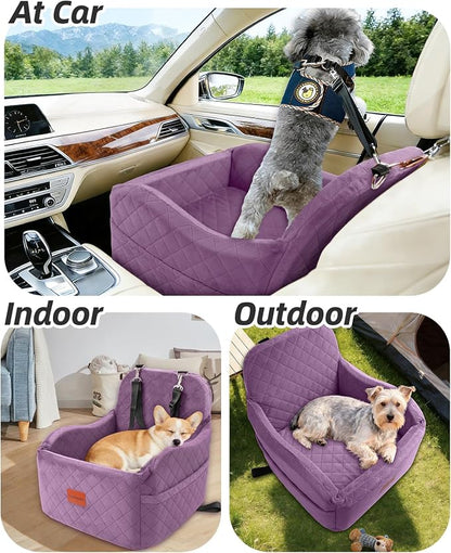 Lealchum Dog Booster Car Seat for Small/Medium Dogs,Puppy Portable Car Bed with Elevated Cushion,Fully Detachable and Washable,2 Storage Pockets,Easy to Install (Purple, Medium)
