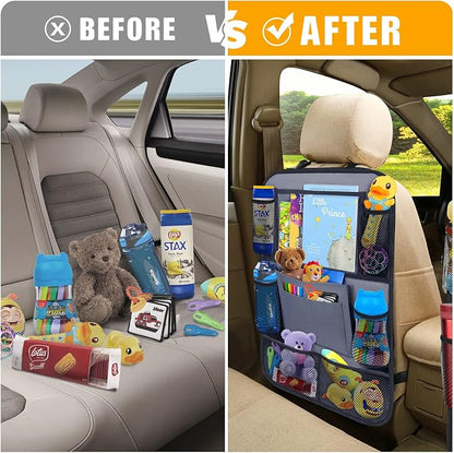 ULEEKA Car Backseat Organizer with 11" Table Holder, 10 Storage Pockets Seat Back Protectors Kick Mats for Kids Toddlers, Travel Accessories, 2 Pack, Gray