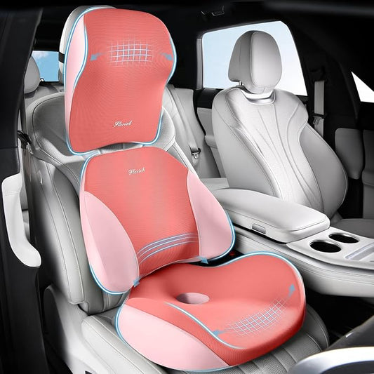 FLORICH Upgraded 3-in-1 Memory Foam Car Seat Cushion Set with Lumbar Support & Neck Pillow, Washable Driving Seat Cushion for Back & Sciatica Pain Relief, Non-Slip Seat Cushion for Car, Office-Pink