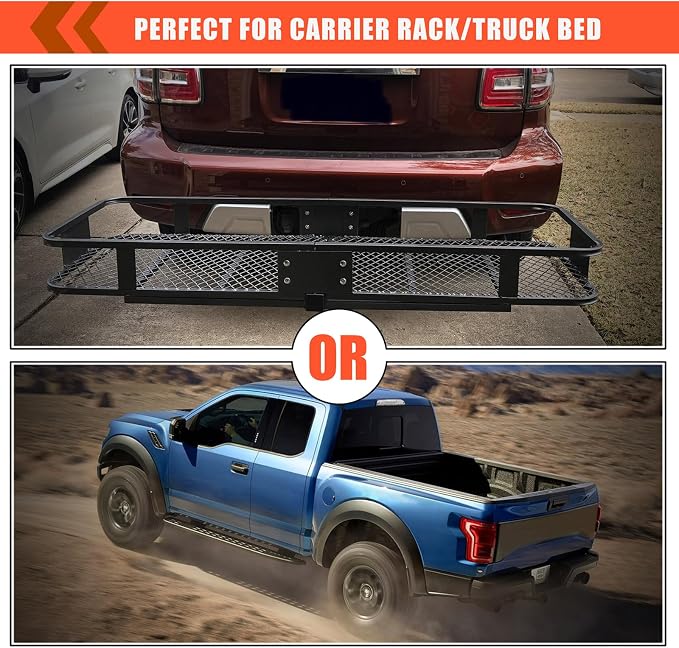 MeeFar Hitch Mount Cargo Carrier Bag Soft Shell 100% Waterproof 16 Cubic Feet (58" 24" 19") Include 8 Reinforced Straps for Truck Pickup All Vehicle with Steel Cargo Basket