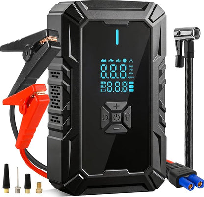 Car Battery Jump Starter with Air Compressor, Portable Jump Pack Fit for 1.5L-9L Gas & Diesel Vehicles (All 12V Batteries Car), Fast Tire Inflation Car Battery Booster Ideal for Men