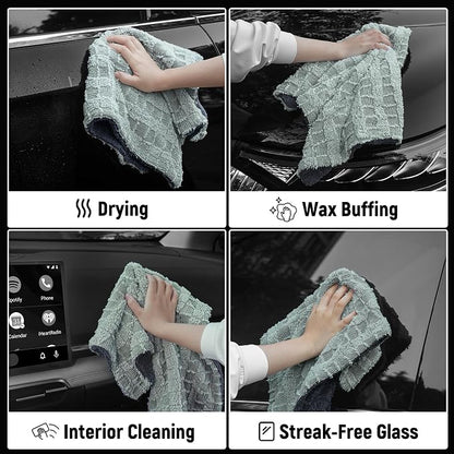 LIVOS 1000GSM Car Drying Towel, 18" x 24" Dual Sided Microfiber Towels for Cars, Ultra Absorbent Lint & Scratch-Free, Edgeless Twisted-Loop, Premium Wash Towel, Check Silver&Grey