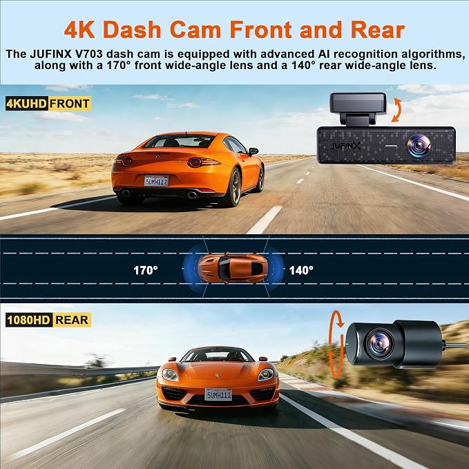 4K Dash Cam Front and Rear,with “Apple Find My” Function, 5.8GHz WiFi Dash Camera for Cars,WDR Night Vision Technology, 170° Wide-Angle Shooting and 24-Hour Parking Monitoring Mode.(V703)