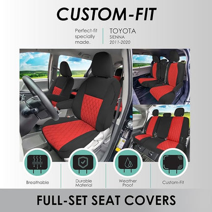 FH Group Custom Fit Car Seat Covers Specifically Made for Toyota Sienna 2011-2020, Car Seat Cover Full Set, 8 Seater Automotive Seat Covers in Red Neoprene, Waterproof and Washable Seat Covers