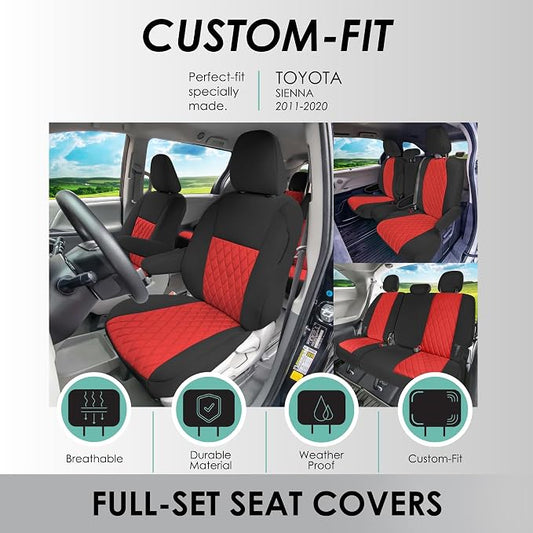 FH Group Custom Fit Car Seat Covers Specifically Made for Toyota Sienna 2011-2020, Car Seat Cover Full Set, 8 Seater Automotive Seat Covers in Red Neoprene, Waterproof and Washable Seat Covers