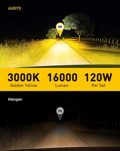 AUXITO Upgraded H11B Bulb, 16000LM 3000K Amber Yellow Light, 1:1 Mini Size No Adapter Needed, 3 Min Quick Install, No Flicker, 99% Compatibility, Pack of 2
