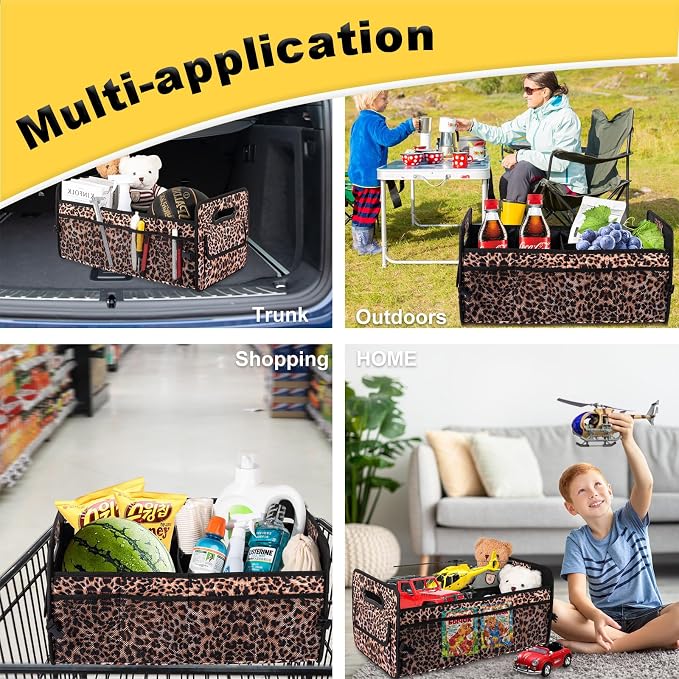 JiatuA Car Trunk Organizer, Car Organizers and Storage Collapsible Multi Compartment Container Box, Adjustable Car Accessories for SUV Sedan Truck, Standard Size, Leopard print