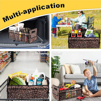 JiatuA Car Trunk Organizer, Car Organizers and Storage Collapsible Multi Compartment Container Box, Adjustable Car Accessories for SUV Sedan Truck, Standard Size, Leopard print