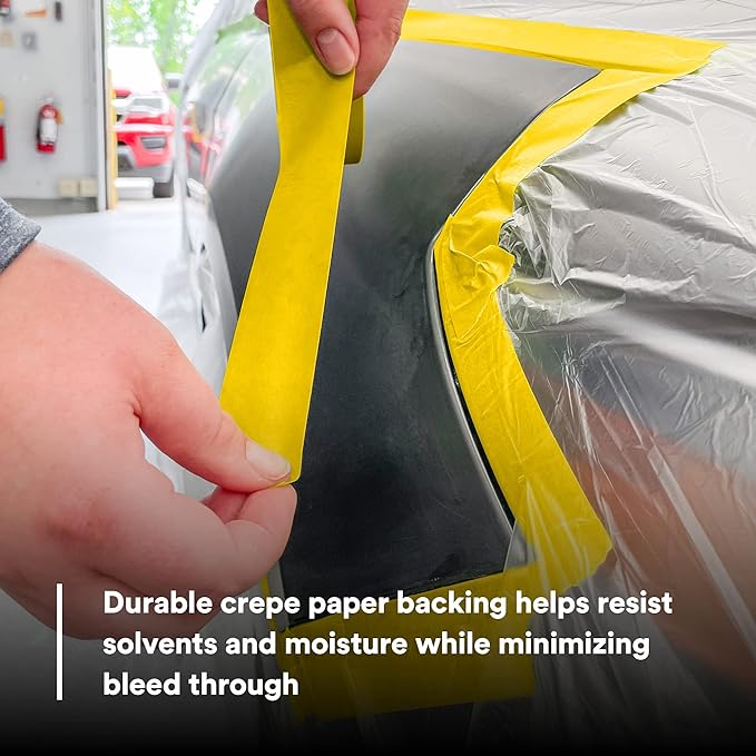 3M Automotive Refinish Masking Tape 388N, 06656, 48 mm x 55 m, Yellow, Crepe Backing, Moisture Resistant, Multi-Purpose, 1 Roll