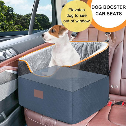 XIEEAOZEE Dog Car Seat for Small Dogs, Memory Foam Booster Dog Seat for Dogs up to 35 lbs, Elevated Pet Car Seat with Washable Removable Cover, Storage Pockets(Black/Gray)