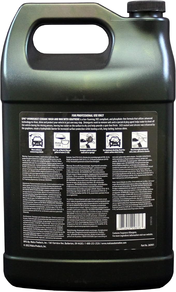 Malco Epic Hydrosheet - Ceramic Wash and Wax with Graphene/Clean, Shine, and Protect Your Vehicle in One-Step / 1 Gallon (260901)