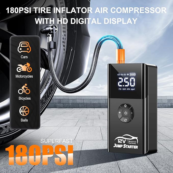Jump Starter with Air Compressor, 8000A 180PSI, Portable Car Battery Jump Starter (All Gas/12L Diesel) 12V Automobile Jump Box Pack Chargers with Jumper Cables, 4-Mode LED Lights