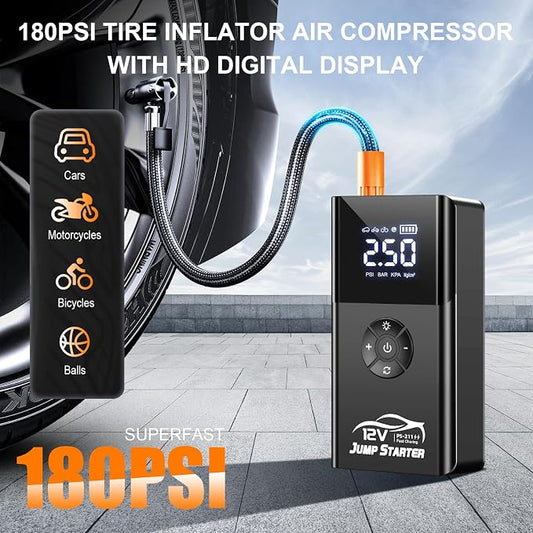 Jump Starter with Air Compressor, 8000A 180PSI, Portable Car Battery Jump Starter (All Gas/12L Diesel) 12V Automobile Jump Box Pack Chargers with Jumper Cables, 4-Mode LED Lights