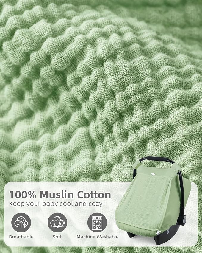 Rquite Car Seat Cover Baby Girl Boy, 100% Muslin Cotton Carseat Covers, Breathable Infant Windproof Canopy with Mesh Window, Stroller Sun Shade for Summer & Hot Day, Sage Green
