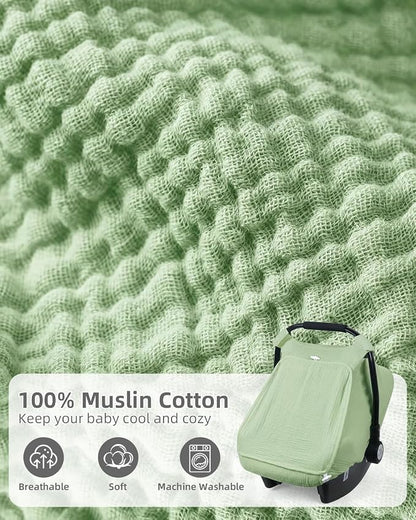 Rquite Car Seat Cover Baby Girl Boy, 100% Muslin Cotton Carseat Covers, Breathable Infant Windproof Canopy with Mesh Window, Stroller Sun Shade for Summer & Hot Day, Sage Green