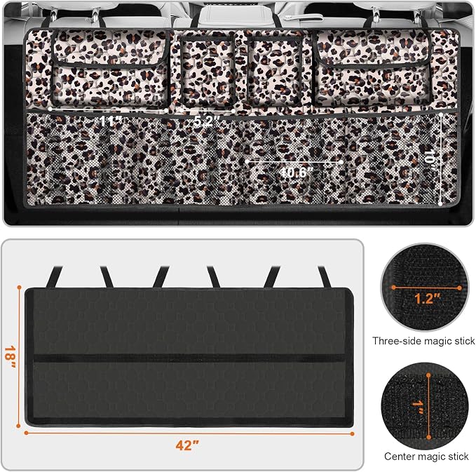 Car Trunk Organizer, Super Capacity Backseat Car Organizer for SUV/Truck/MPV, Hanging Car Storage Organizer with 8 Pocekts, Car Accessories for Women and Men- Leopard print