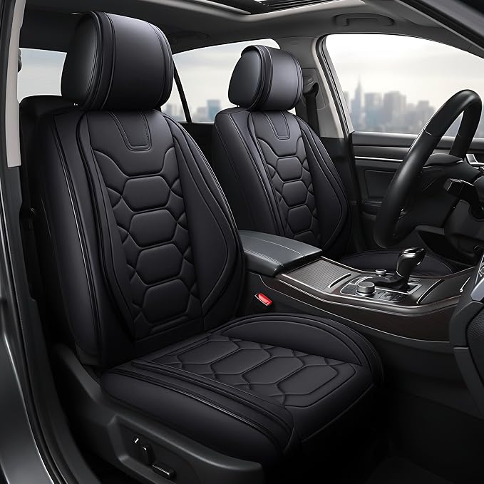OASIS AUTO Car Seat Covers Front Seats, Sporty Honeycomb Waterproof Faux Leather Protectors, Universal Fit for SUV, Sedan, Truck Interior Accessories (OS-004 Black)