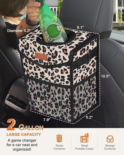 Pritent Car Trash Can with Lid, Cute Leakproof Car Trash Garbage Bag Hanging Vehicle Trash Bin Small Portable Automotive Garbage Cans Organizer for Back/Front Seat(Trapezoid,Leopard