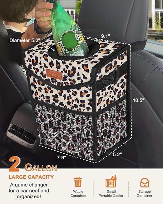 Pritent Car Trash Can with Lid, Cute Leakproof Car Trash Garbage Bag Hanging Vehicle Trash Bin Small Portable Automotive Garbage Cans Organizer for Back/Front Seat(Trapezoid,Leopard